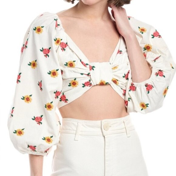 FARM RIO Mixed Cross Stitch Embroidered Flowers Puff Sleeve White Crop Top Sz M - Picture 9 of 11